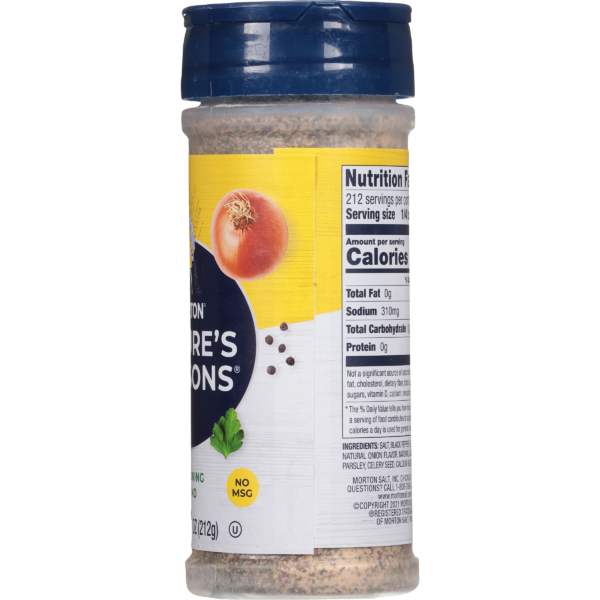 Morton Nature's Seasons seasoning blend bottle, featuring onion and herbs, with a nutrition label detailing 212 servings, 0g fat, 310mg sodium, and no MSG. Ideal for enhancing flavor in various dishes.