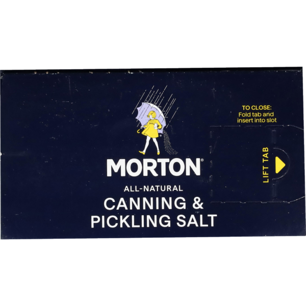 Morton all-natural canning and pickling salt packaging, featuring a colorful design with a character holding an umbrella. The box includes instructions for closing and highlights its use in food preservation.