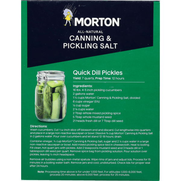 Alt text: Packaging for Morton All-Natural Canning & Pickling Salt featuring a recipe for Quick Dill Pickles. The box includes ingredients and directions for making 7 quarts of pickles, emphasizing the use of cucumbers, vinegar, sugar, and pickling spices.