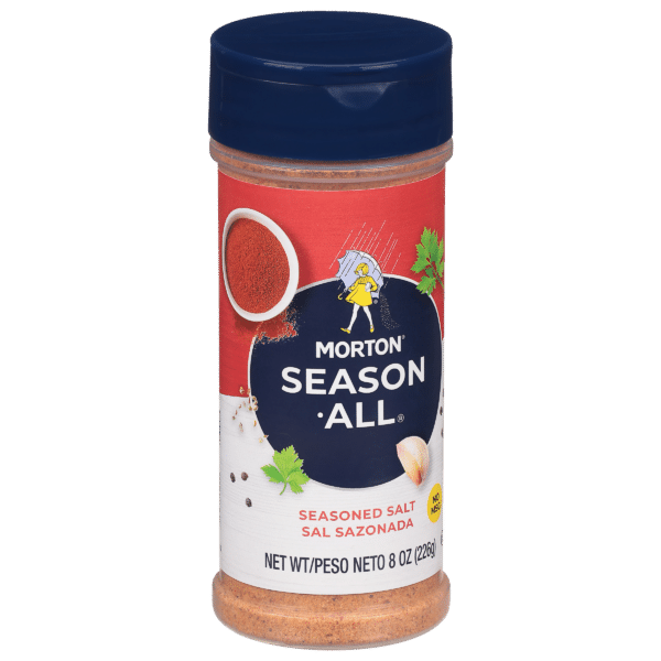 Morton Season All seasoned salt container, 8 oz, featuring a vibrant design with spices and herbs, ideal for enhancing flavor in various dishes.
