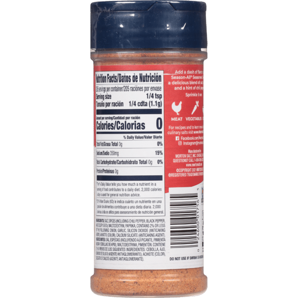 Nutrition label of Season-All seasoning blend showing serving size, calories, sodium content, and ingredients including black pepper and garlic. Ideal for enhancing flavor in meats and vegetables.
