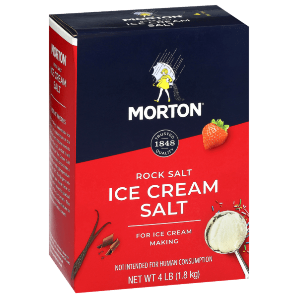Morton Ice Cream Salt, 4 lb box, designed for ice cream making, featuring rock salt for optimal freezing, with a playful illustration of a girl and strawberries on the packaging.