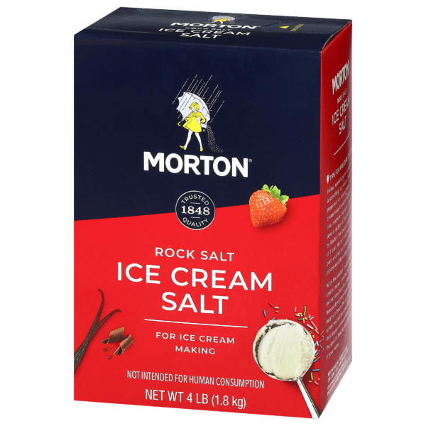 Morton Rock Salt Ice Cream Salt, 4 lb (1.8 kg) box, designed for ice cream making, featuring a vibrant package with a strawberry and ice cream graphic. Not intended for human consumption.