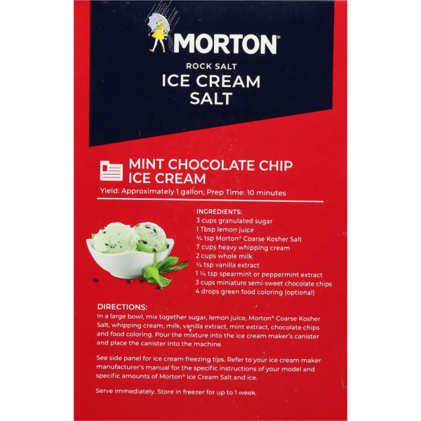 Alt text: Package of Morton Ice Cream Salt featuring a recipe for Mint Chocolate Chip Ice Cream, including ingredients and directions for preparation, emphasizing its use for making homemade ice cream.