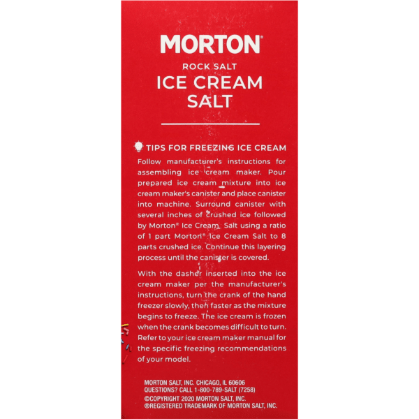 Morton Ice Cream Salt packaging with instructions for freezing ice cream, detailing the use of rock salt in ice cream makers, including layering tips with crushed ice and salt ratios.