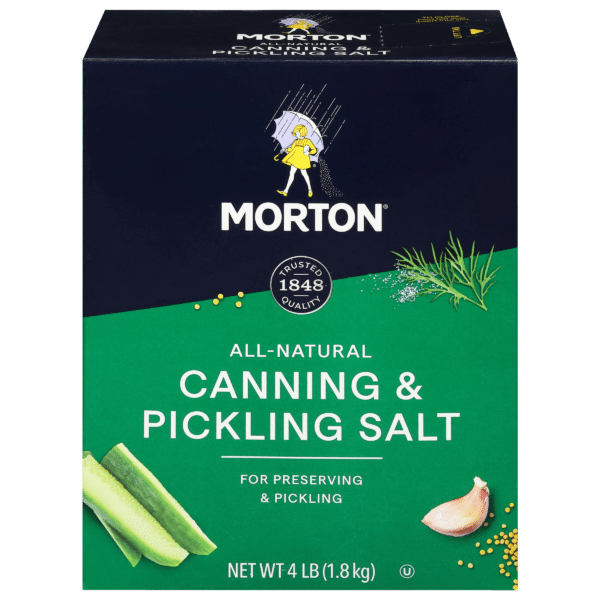 Morton All-Natural Canning and Pickling Salt box, 4 lb (1.8 kg), featuring cucumbers, garlic, and herbs, ideal for preserving and pickling.