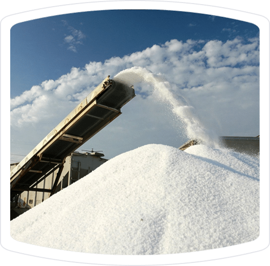 Conveyor belt transporting and depositing white salt onto a large pile under a blue sky with scattered clouds, showcasing industrial salt processing.