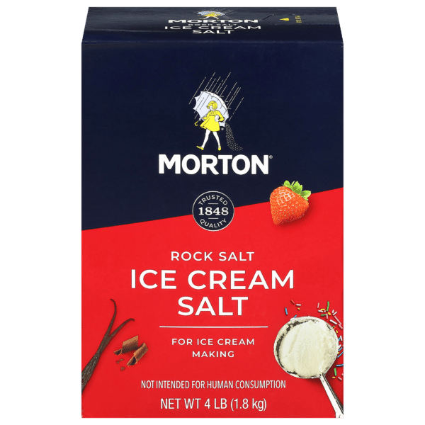 Morton Ice Cream Salt box, featuring 4 lb of rock salt specifically designed for ice cream making. The packaging highlights trusted quality since 1848, with images of ice cream, strawberries, and chocolate, and notes that it is not intended for human consumption.