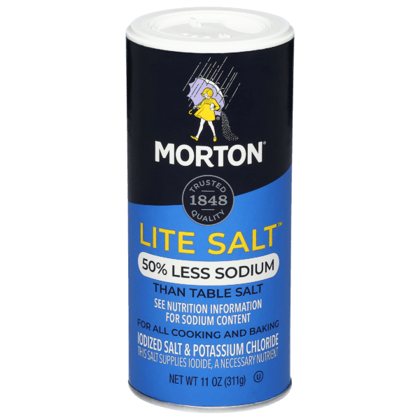 Morton Lite Salt container featuring 50% less sodium than regular table salt. Ideal for all cooking and baking, this 11 oz can contains iodized salt and potassium chloride, supplying necessary iodine. Trusted brand since 1848.