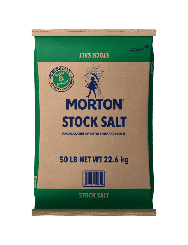 Morton Stock Salt 50 lb bag, designed for cattle, sheep, and horses, featuring a brown and green packaging with clear labeling and nutritional information.