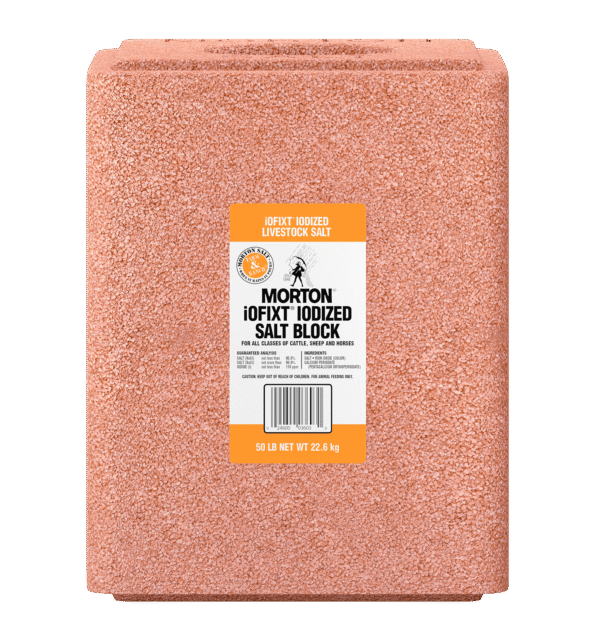 Morton iOFIXT iodized livestock salt block, 50 lb net weight, designed for all classes of cattle, sheep, and horses. Ideal for providing essential minerals and promoting animal health.