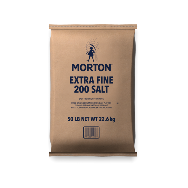 50-pound bag of Morton Extra Fine 200 Salt, featuring food-grade sodium chloride and tricalcium phosphate, suitable for culinary and food processing uses.
