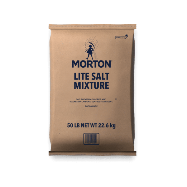 Brown paper bag of Morton Lite Salt Mixture, containing 50 lb (22.6 kg) of a food-grade blend of salt, potassium chloride, and magnesium carbonate, designed as a low-sodium alternative.