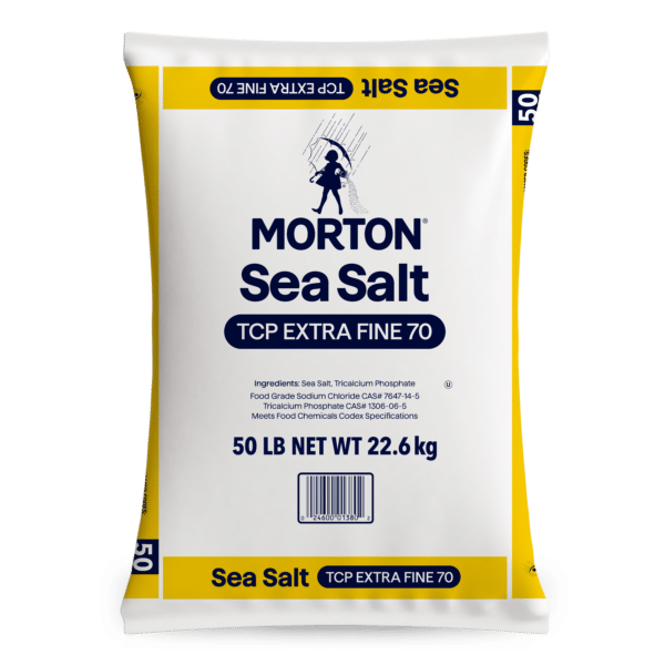 Morton Sea Salt TCP Extra Fine 70, 50 lb bag, featuring ingredients like sea salt and tricalcium phosphate, ideal for cooking and food preservation.