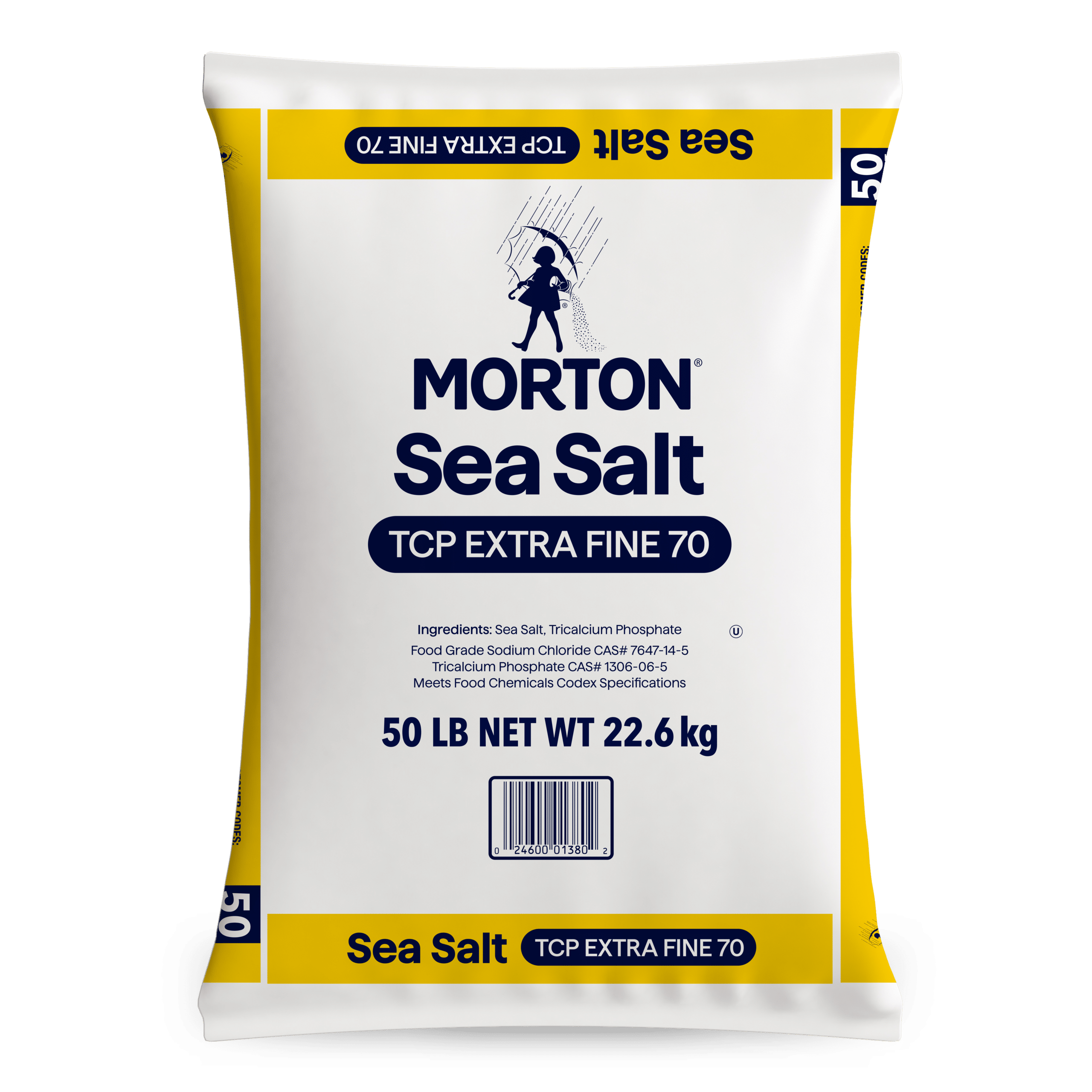 Morton Sea Salt TCP Extra Fine 70, 50 lb bag, featuring ingredients like sea salt and tricalcium phosphate, ideal for cooking and food preservation.
