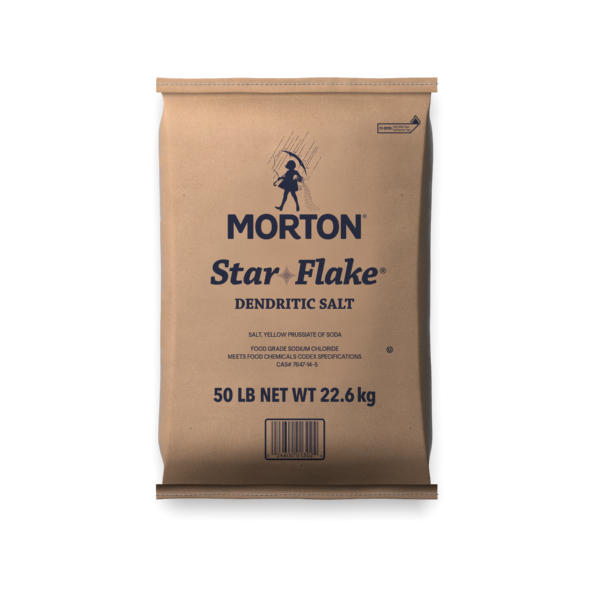 Morton Star Flake Dendritic Salt 50 lb bag, featuring food-grade sodium chloride, suitable for culinary and food processing uses, with clear labeling and specifications.