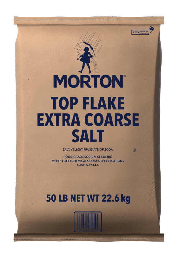 Morton Top Flake Extra Coarse Salt 50 lb bag, featuring food grade sodium chloride and yellow prussiate of soda, suitable for various culinary applications and meeting food chemicals codex specifications.