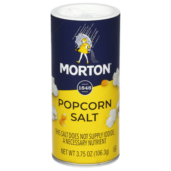 Morton Popcorn Salt container featuring a blue and yellow design, suitable for enhancing the flavor of popcorn, with a net weight of 3.75 oz (106.3 g) and a note that it does not supply iodide.