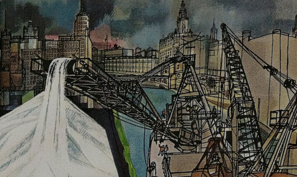 Industrial scene depicting cranes and machinery near a river with a city skyline in the background. The image showcases construction activity, with workers and a flowing water backdrop, highlighting urban development and engineering.