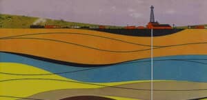 Colorful abstract landscape depicting rolling hills, a train, and an oil rig, illustrating the relationship between natural resources and industrial development.