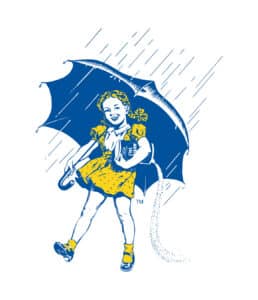 Vintage illustration of a cheerful girl in a yellow dress holding an umbrella and a can of Morton salt, with rain falling around her, embodying a playful and nostalgic theme.