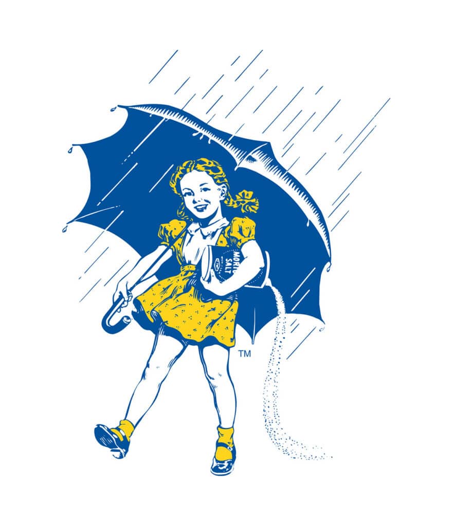 Vintage illustration of a cheerful girl in a yellow dress holding an umbrella and a can of Morton salt, with rain falling around her, embodying a playful and nostalgic theme.