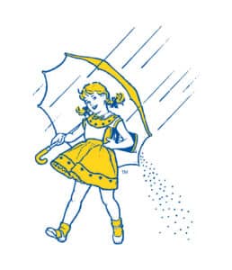 Illustration of a cheerful girl in a yellow dress holding a yellow umbrella, walking in the rain with a playful expression. The design features blue accents and raindrops, capturing a whimsical and joyful atmosphere. Perfect for children's themes or rainy day activities.