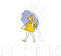 Morton logo featuring a woman in a yellow raincoat holding an umbrella, with rain falling around her, representing the brand's commitment to quality and protection in weather-related products.