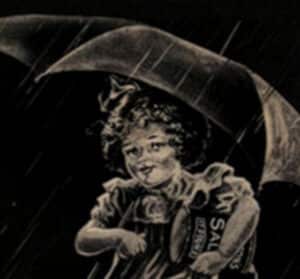 Vintage illustration of a cheerful girl holding an umbrella in the rain, showcasing a nostalgic design with soft features and an expressive smile. The artwork captures a playful and whimsical atmosphere, ideal for themes of childhood and weather.