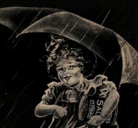 Vintage illustration of a cheerful girl holding an umbrella in the rain, showcasing a nostalgic design with soft features and an expressive smile. The artwork captures a playful and whimsical atmosphere, ideal for themes of childhood and weather.