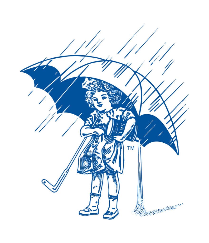Vintage illustration of a young girl holding a golf club and standing under a large umbrella, with rain falling around her, showcasing a whimsical and nostalgic theme.