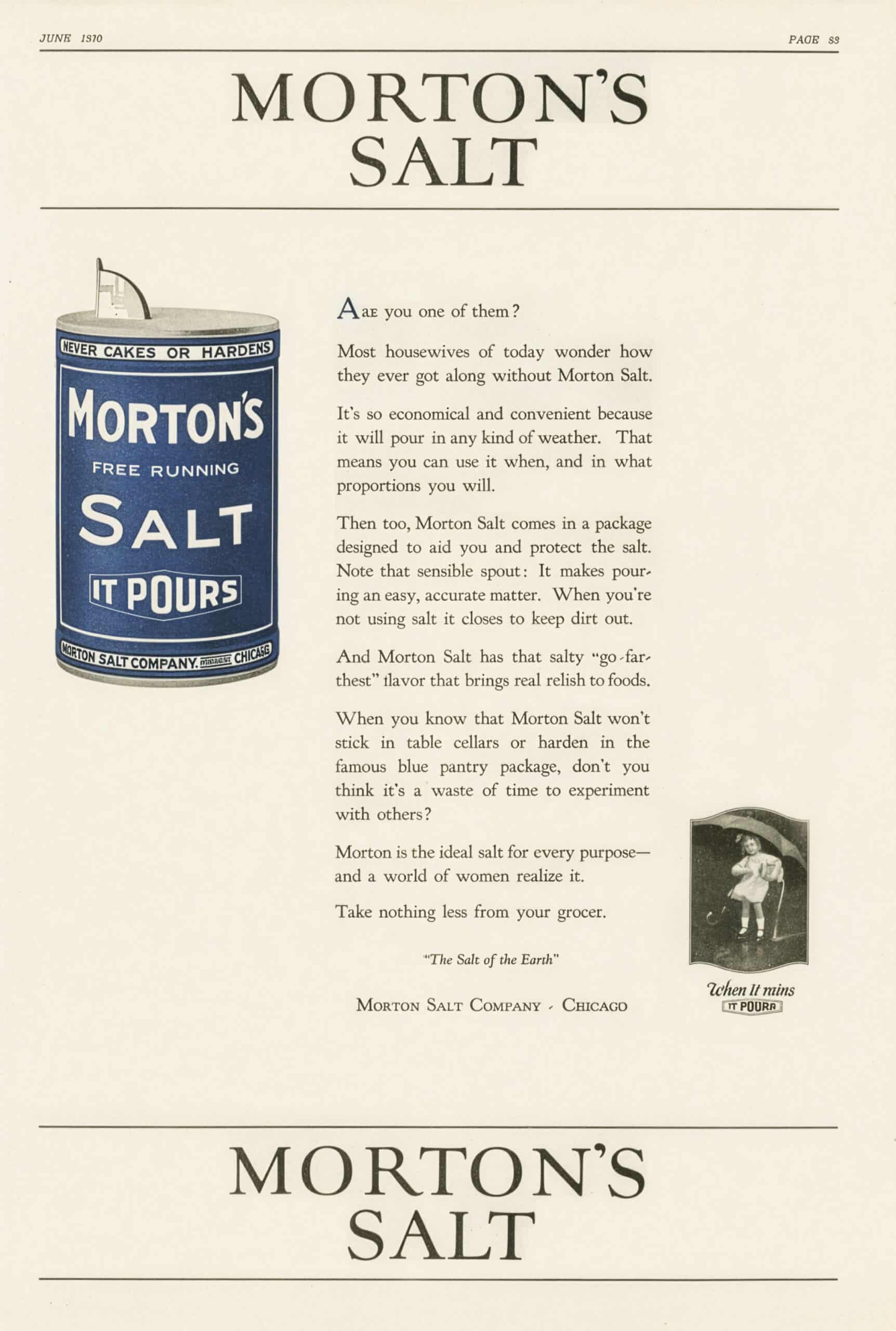 Vintage Morton Salt advertisement from June 1910 highlighting the convenience and quality of free-running salt in a protective package, emphasizing its easy pouring feature and flavor enhancement for cooking.