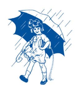 Illustration of a cheerful girl with a bow in her hair, holding a book and an umbrella, walking in the rain. The design features a blue color palette against a white background, emphasizing a playful and adventurous spirit.