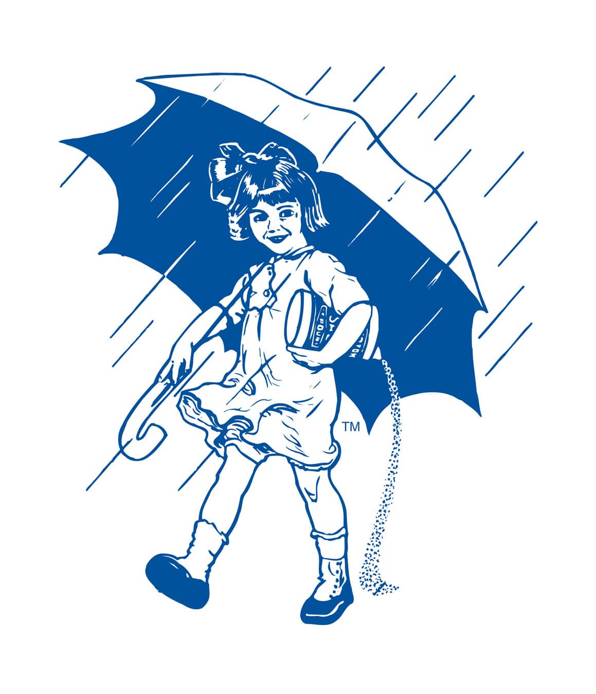 Illustration of a cheerful girl with a bow in her hair, holding a book and an umbrella, walking in the rain. The design features a blue color palette against a white background, emphasizing a playful and adventurous spirit.