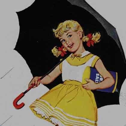 Vintage illustration of a cheerful young girl with blonde curls, wearing a yellow dress and holding a red umbrella, promoting a sale. The background is dark, highlighting the girl and her playful expression.