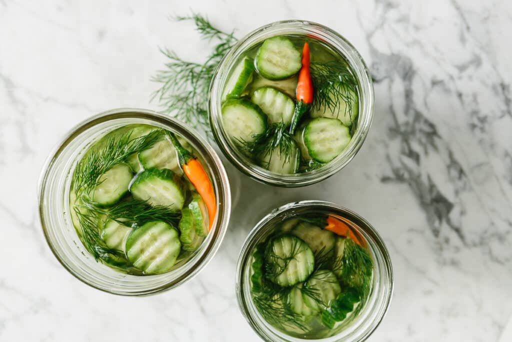 Three jars of homemade pickles featuring sliced cucumbers, fresh dill, and red chili peppers, placed on a marble surface. The jars are filled with a brine solution, highlighting the vibrant colors and textures of the ingredients. Ideal for showcasing pickling recipes or preserving techniques.