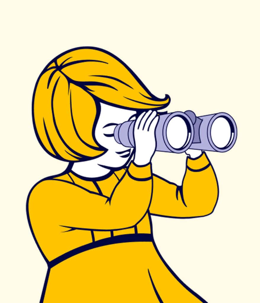 A young girl with short yellow hair is looking through binoculars, wearing a bright yellow dress. The illustration features a simple, colorful design against a light background, emphasizing curiosity and exploration.