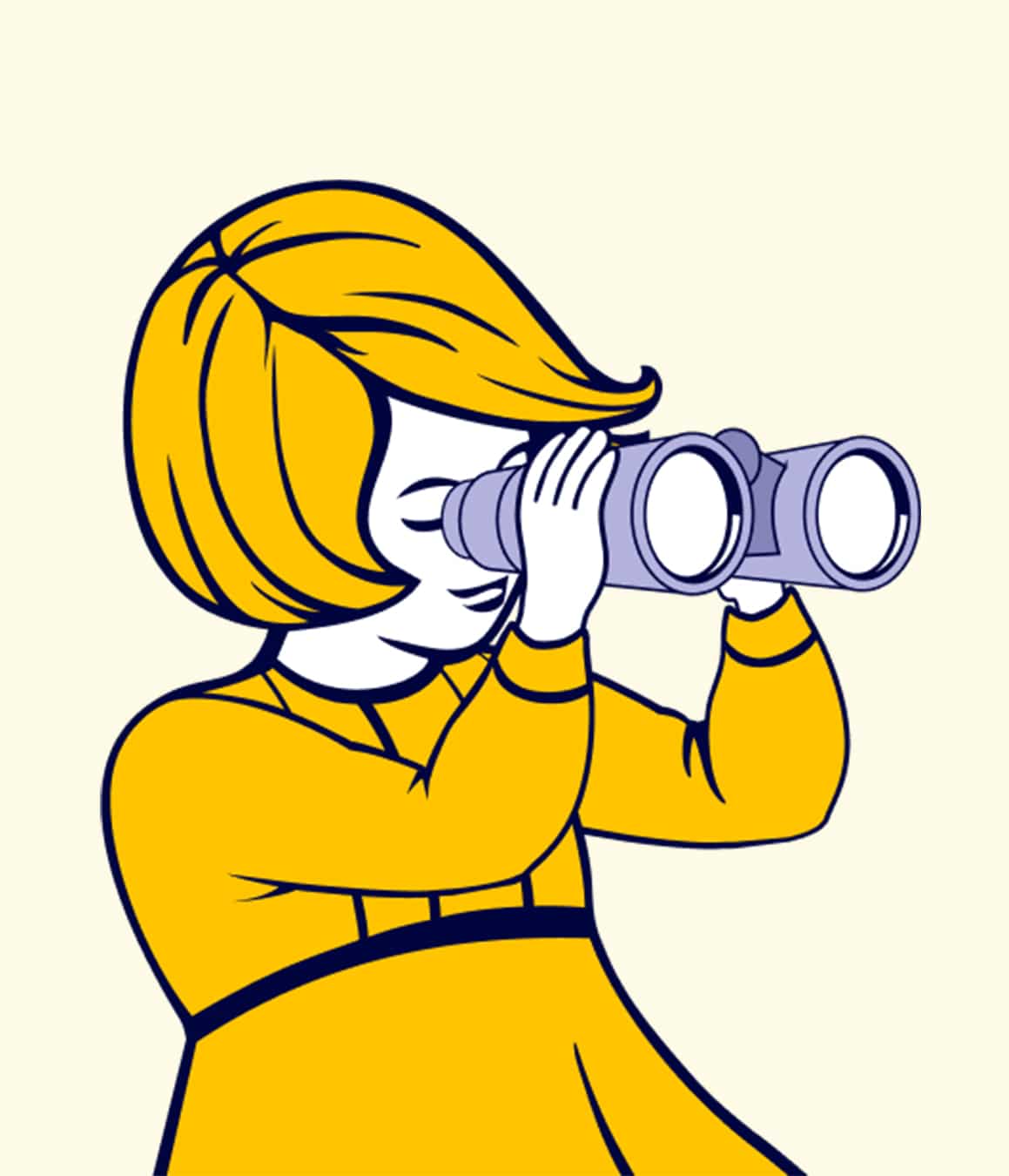 A young girl with short yellow hair is looking through binoculars, wearing a bright yellow dress. The illustration features a simple, colorful design against a light background, emphasizing curiosity and exploration.