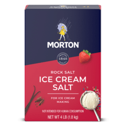 Morton Rock Salt Ice Cream Salt package, 4 lb (1.8 kg), designed for ice cream making, featuring a colorful design with strawberries and a scoop of ice cream.