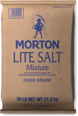 Brown paper bag of Morton Lite Salt, 50 lb (22.6 kg), labeled as food grade with ingredients including salt, potassium chloride, and magnesium carbonate.