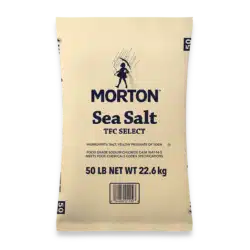 Morton Sea Salt TFC Select 50 lb bag, suitable for culinary use, featuring ingredients list and nutritional information on packaging.