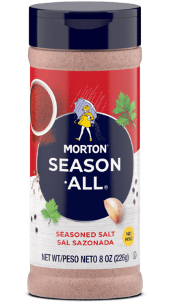Morton Season-All seasoned salt container, 8 oz (226g), featuring a blend of spices and herbs for enhancing the flavor of various dishes.