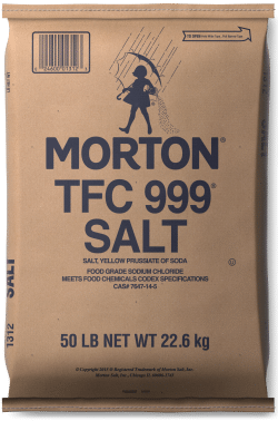 Morton TFC 999 Salt 50 lb bag, labeled as food-grade sodium chloride, suitable for cooking and food preparation, featuring a yellow packaging design.