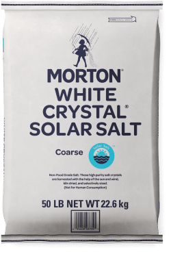 50 lb bag of Morton White Crystal Solar Salt, labeled as coarse, featuring non-food grade salt for water softening and other uses, with a blue solar salt logo and clear product information.