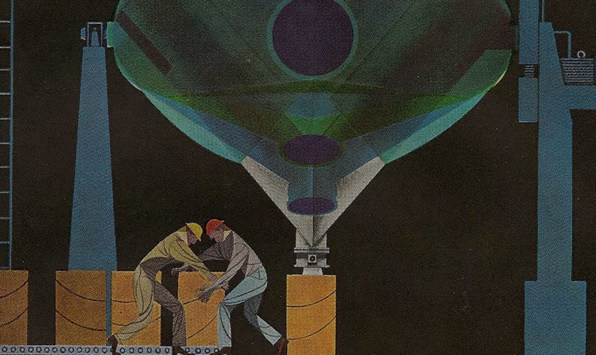 Two workers collaborating on a construction project, positioned near large yellow blocks, with a colorful funnel-shaped structure overhead, representing industrial innovation and teamwork in a manufacturing setting.