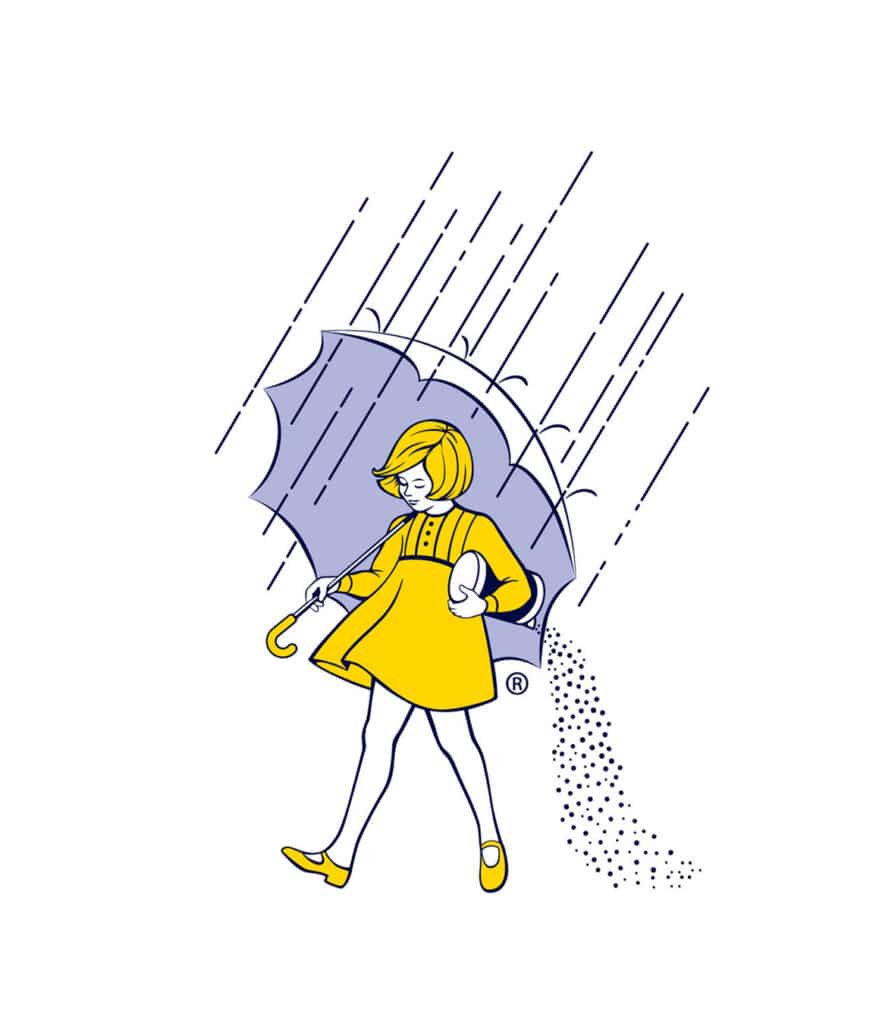 Illustration of a girl in a yellow dress holding a blue umbrella, walking in the rain. The design features stylized raindrops and emphasizes a cheerful, playful atmosphere, perfect for representing rainy day activities and fashion.