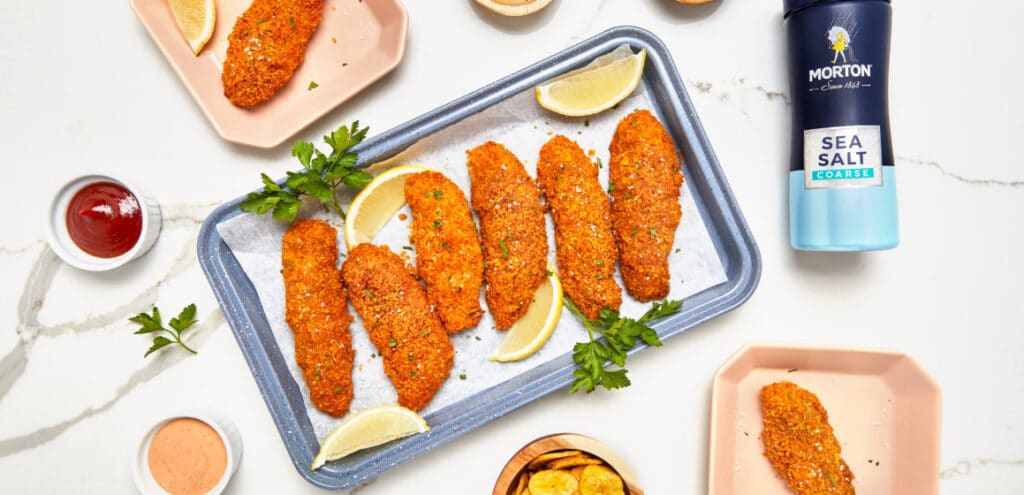 A tray of plantain and coconut baked chicken tenders