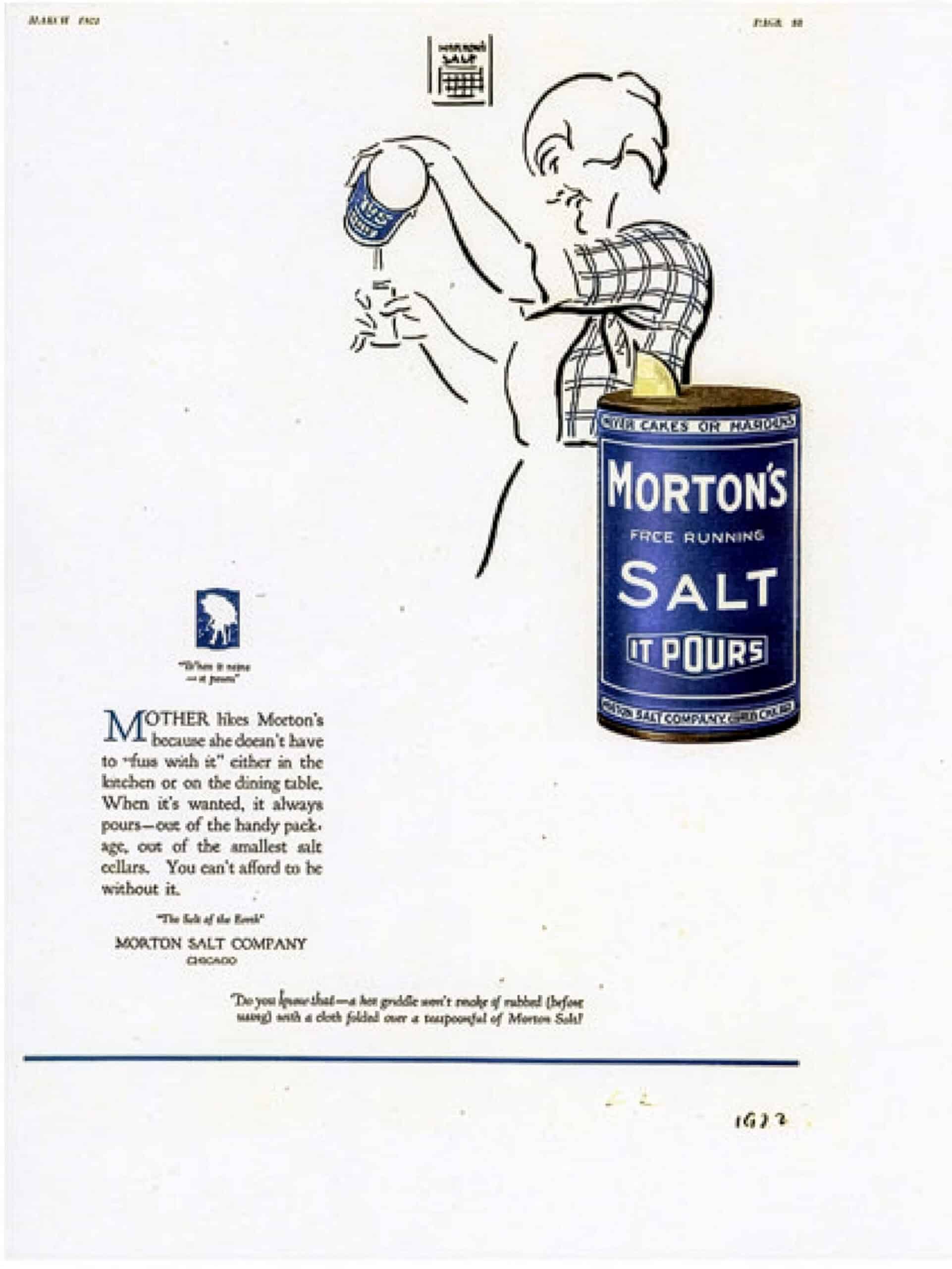 Vintage advertisement for Morton's Salt featuring a woman pouring salt from a can labeled "Morton's Free Running Salt." The design highlights the ease of use and practicality of the product in the kitchen. The ad emphasizes the importance of having Morton's Salt on the dining table for cooking and serving.