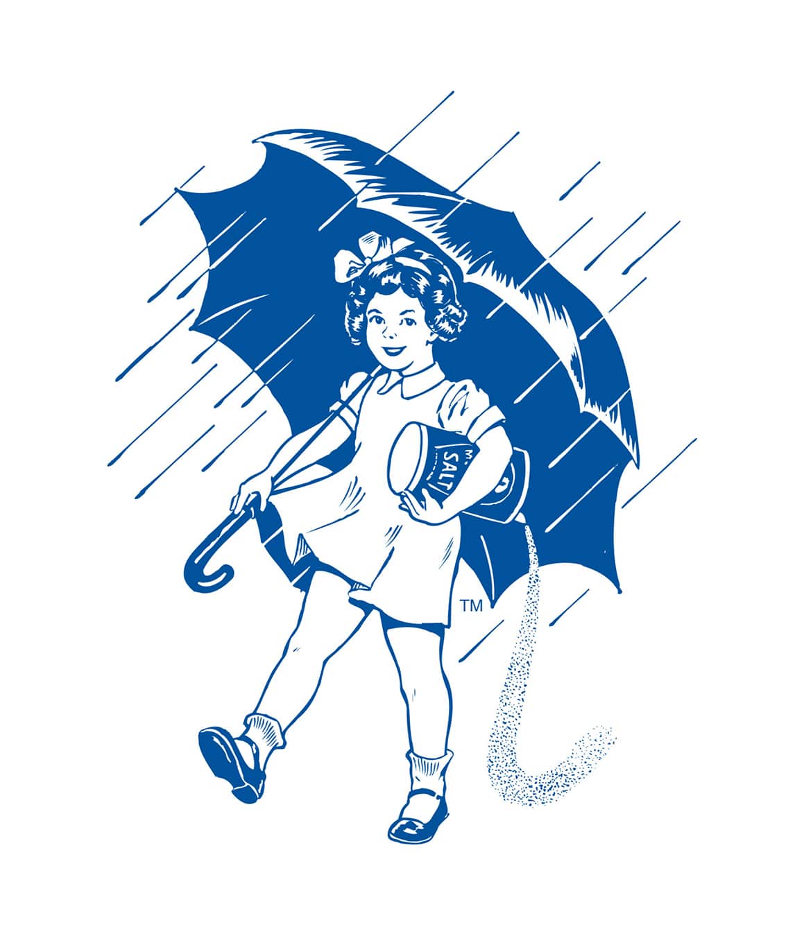 Vintage illustration of a cheerful girl holding an umbrella and a can of salt, with rain falling around her, showcasing a playful and nostalgic theme.