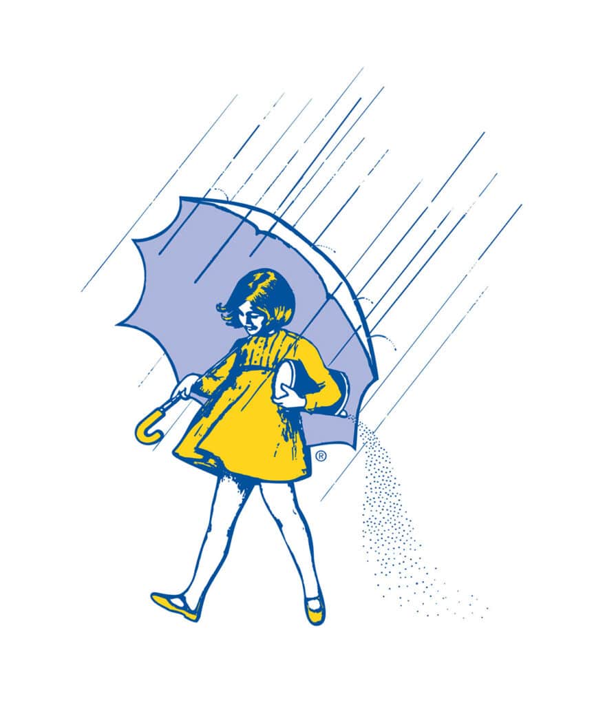Illustration of a girl in a yellow raincoat holding a blue umbrella, walking in the rain with raindrops falling around her. The image captures a playful and cheerful vibe, ideal for themes related to weather, children's clothing, or outdoor activities.